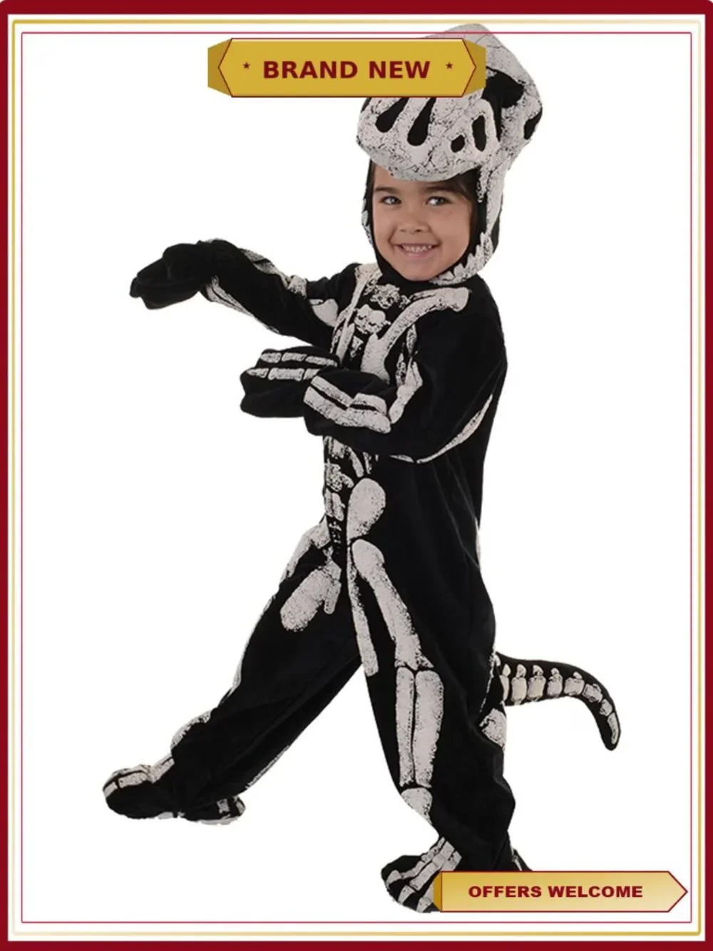 T-Rex Fossil Halloween Costume Jumpsuit with Bone Hood and Mitts